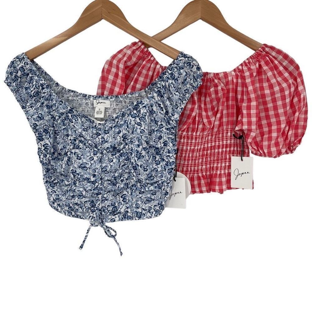 Japna Set Of 2 Smock Crop Tops Floral Plaid Short Sleeve Juniors Small Blue Red